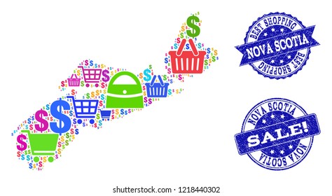 Best shopping composition of mosaic map of Nova Scotia Province and rubber seal stamps. Vector blue seals with distress rubber texture for sales. Flat design for shopping illustrations.