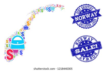 Best shopping composition of mosaic map of Norway and rubber seals. Vector blue seals with corroded rubber texture for sales. Flat design for advertisement illustrations.