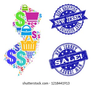 Best shopping composition of mosaic map of New Jersey State and corroded seals. Vector blue seals with corroded rubber texture for sales. Flat design for shopping templates.