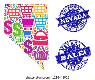 Best shopping composition of mosaic map of Nevada State and corroded seals. Vector blue imprints with corroded rubber texture for sales. Flat design for shopping illustrations.