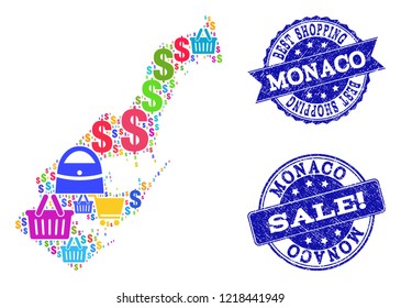 Best shopping composition of mosaic map of Monaco and dirty stamps. Vector blue watermarks with grunge rubber texture for sales. Flat design for shopping purposes.