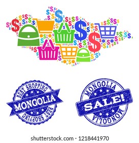 Best shopping composition of mosaic map of Mongolia and rubber seals. Vector blue seals with distress rubber texture for sales. Flat design for trade purposes.