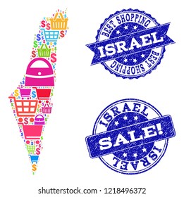 Best shopping composition of mosaic map of Israel and scratched seals. Vector blue seals with corroded rubber texture for sales. Flat design for shopping templates.