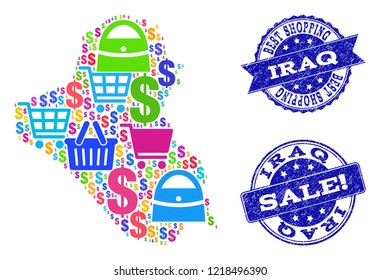 Best shopping composition of mosaic map of Iraq and scratched seals. Vector blue seals with corroded rubber texture for sales. Flat design for promotion illustrations.