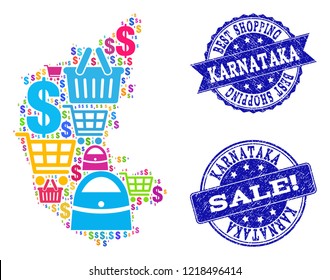 Best shopping composition of mosaic map of Karnataka State and unclean seal stamps. Vector blue watermarks with unclean rubber texture for sales. Flat design for shopping posters.
