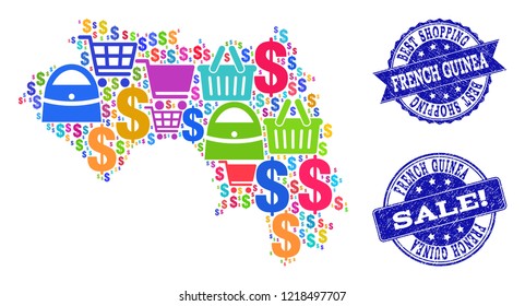 Best shopping composition of mosaic map of French Guinea and unclean seals. Vector blue seals with distress rubber texture for sales. Flat design for sale templates.