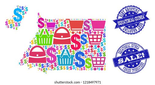 Best shopping composition of mosaic map of Equatorial Guinea and scratched seals. Vector blue seals with corroded rubber texture for sales. Flat design for shopping templates.