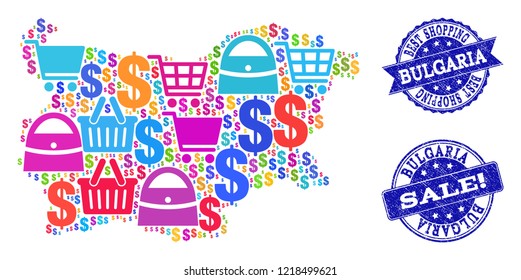 Best shopping composition of mosaic map of Bulgaria and rubber stamps. Vector blue seals with grunge rubber texture for sales. Flat design for shopping posters.