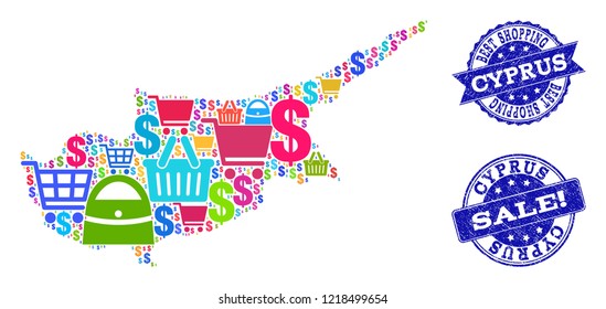 Best shopping composition of mosaic map of Cyprus Island and corroded seals. Vector blue seals with scratched rubber texture for sales. Flat design for promotion templates.