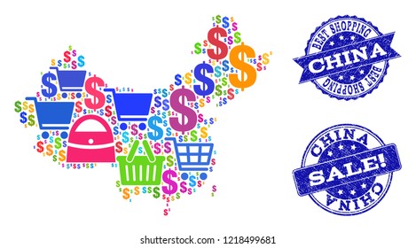 Best shopping composition of mosaic map of China and grunge seals. Vector blue seals with unclean rubber texture for sales. Flat design for shopping posters.