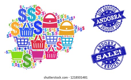 Best shopping composition of mosaic map of Andorra and rubber stamps. Vector blue watermarks with corroded rubber texture for sales. Flat design for shopping illustrations.