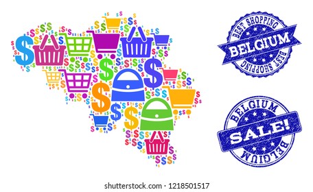 Best shopping composition of mosaic map of Belgium and rubber seals. Vector blue seals with unclean rubber texture for sales. Flat design for advertisement purposes.