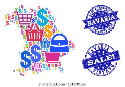 Best shopping composition of mosaic map of Bavaria State and unclean seals. Vector blue seals with unclean rubber texture for sales. Flat design for shopping illustrations.