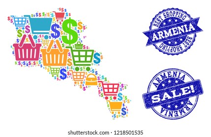 Best shopping composition of mosaic map of Armenia and grunge seals. Vector blue watermarks with distress rubber texture for sales. Flat design for shopping posters.