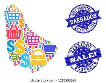 Best shopping composition of mosaic map of Barbados and corroded stamps. Vector blue seals with corroded rubber texture for sales. Flat design for shopping templates.