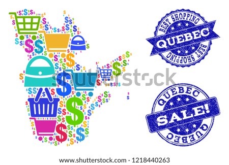 Best shopping composition of mosaic map of Quebec Province and rubber stamps. Vector blue imprints with scratched rubber texture for sales. Flat design for trade purposes.