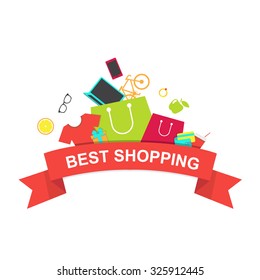 Best shopping emblem. Red ribbon with shopping bag and other products