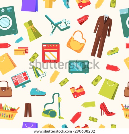 best shopping illustration concept. Template of icons seamless patern design. Many object purchased in the store. In flat sticker style
