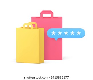 Best shopping rating customer review evaluation recommendation 3d icon realistic vector illustration. Shop store paper bag with five stars rate excellent commercial product seller retail business