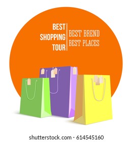 Best shopping tour, advertising banner with paper bags and label from new purchased items on bright orange backdrop. Template, mock-up with yellow, green and violet paper bags for shopping.