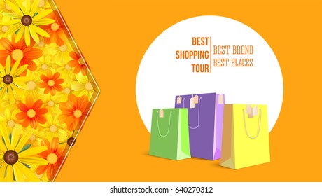 Best shopping tour, advertising banner with paper bags and label from new purchased items on bright summer backdrop. Template, mock-up with yellow field of flowers, chamomile flowers, camomile, daisy.