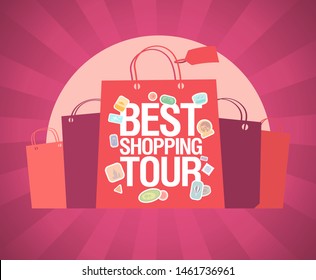 Mejor diseño de banner vectorial de la gira de compras con bolsas de papel y rayas en el fondo, póster de venta, turismo de compras