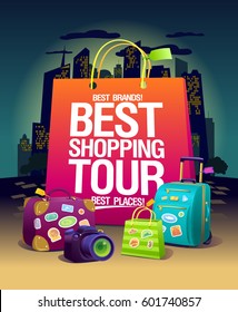 Best shopping tour vector poster. Night shopping in big city concept, pink paper bag, suitcases and camera. Fasion shopping tourism