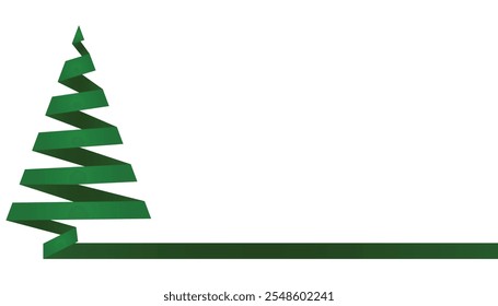 Best simple Christmas tree icon with paper stripe or ribbon. Xmas card design template isolated on white background, green color Vector illustration.
