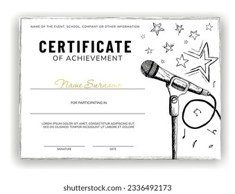 Best singer certificate template for singing, song or music event. Diploma design for graduation or completion of musical school, music course, karaoke competition.