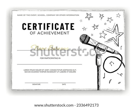 Best singer certificate template for singing, song or music event. Diploma design for graduation or completion of musical school, music course, karaoke competition.