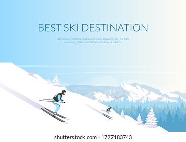 Best ski destination banner flat vector template. Brochure, poster concept design with cartoon characters. Winter vacation. Mountaineering horizontal flyer, leaflet with place for text