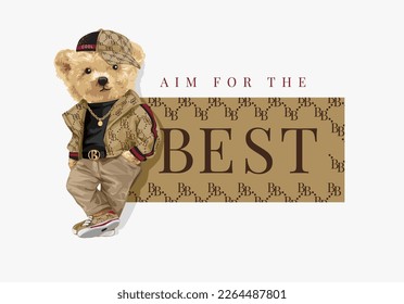 best slogan with bear doll in matching fashion style vector illustration