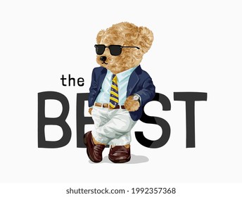 the best slogan with bear doll in sunglasses leaning on text vector illustration