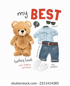 best slogan with cute bear doll dress up vector illustration