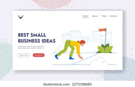 Best Small Business Ideas Landing Page Template. Business Woman Stand On Low Start Line, Getting Ready For Race