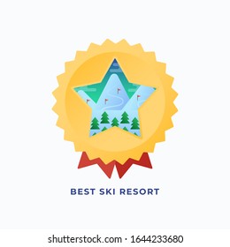 Best Snowboard Resort Medal. Vector Flat Style Illustration with Mountains and Pines Ski Routes Background. Star Rating Reward or Badge. Outdoor Action Sports Icon or Banner. Isolated.