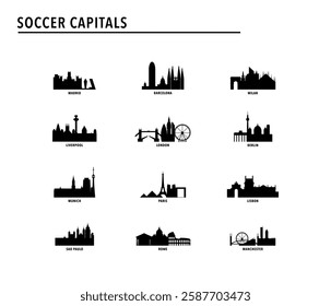 Best soccer, football cities - logo, icon pack with skylines of Madrid, Barcelona, Munich, Berlin, Milan, Rome, Paris, Manchester, London, Liverpool, Lisbon, Sao Paulo. Vector bundle index