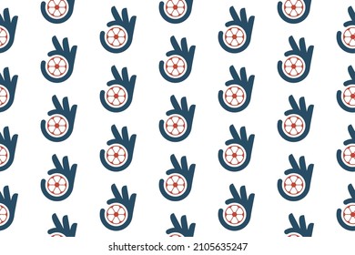 Best Soccer Seamless Pattern Design. Vector Pattern Template. Repeating geometric pattern illustration of a modern success emblem hand gesture silhouette emblem and football icon. Top score football.