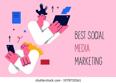Best social media marketing business concept. Young positive workers holding electronic devices looking at tablet screen analyzing social media development activities lettering vector illustration 
