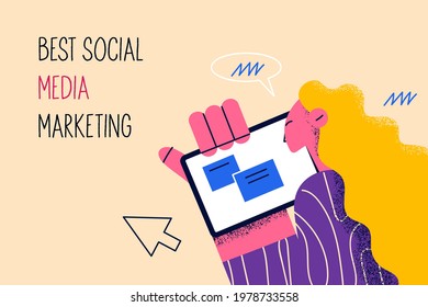 Best social media marketing concept. Human hand and woman cartoon character looking at tablet screen analyzing social media development activities vector illustration 