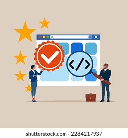 El mejor desarrollo de software, с revisión de código. Control de calidad y certificación. Ilustración vectorial moderna en estilo plano