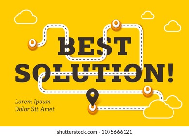 Best solution business concept with winding road and pin pointer on yellow background. Minimalistic business infographics, process direction, timeline diagram, digital innovation vector illustration.