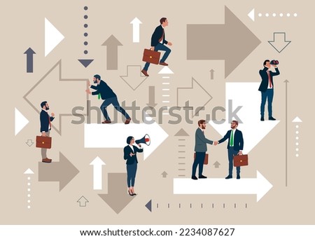 Best solution. Business team searching for direction standing at arrows pointing many directions. Flat vector illustration