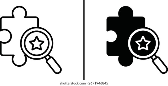 Mejor solución Puzzle Línea de lupa e iconos de glifo

