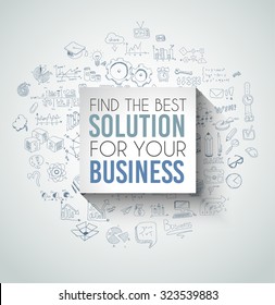 Best Solution for Your Business Slogan over a squared flat panel with soft shadow over an hand drawn doodles skeches collection of symbols, graphs, maths, infographics ans so on.