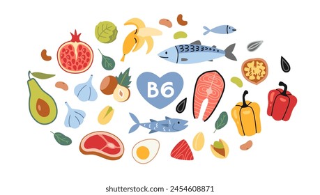 Las mejores fuentes de alimentos de vitamina B6, estilo de dibujos animados. Mariscos, pescados, carnes, frutas, verduras, nueces y huevos. Ilustración vectorial aislada, dibujada a mano, diseño plano