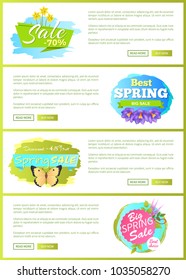 Best spring big sale advertisement labels crocus lilac purple flowers with daffodils and butterflies vector web page with push buttons read and buy