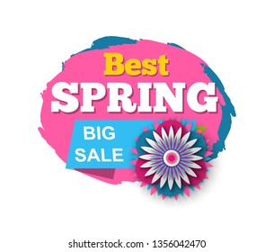 Best spring and big sale vector, isolated banner and promotion, reduction of price and promotion of business products, flowers in bloom, stripes with text