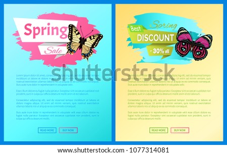Best spring discount 30% off labels on posters butterflies, spots on wings, vector advertisement stickers on online banners with springtime creatures