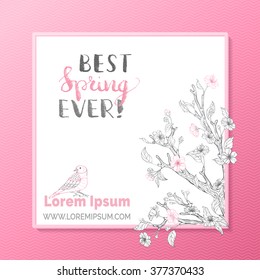 Best spring ever! Spring blossoms on branches. Hand-written brush lettering. Pink and grey card template. You can place your text in the center.